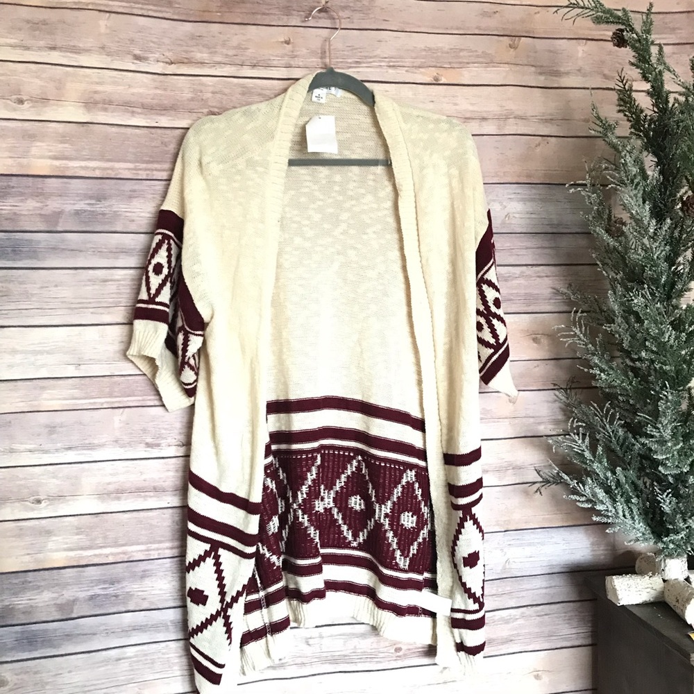 Say What? Cream burgundy print oversized cardigan